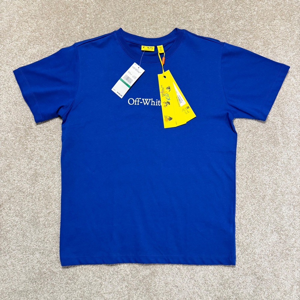 Off-White T-Shirt Kids Size 14 Blue Surf The Web Logo Cat Graphic NWT